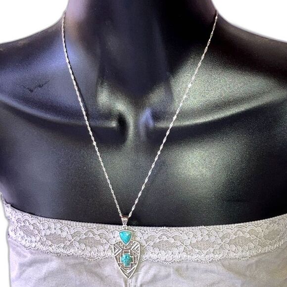 Turquoise Arrowhead Aztec Western Sterling Silver Enhancer Pendant With Chain - Picture 5 of 10